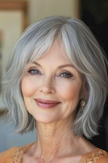 Layered Silver Bob with Bangs Peinado en una mujer sonriente de unos 70 años con el pelo gris.