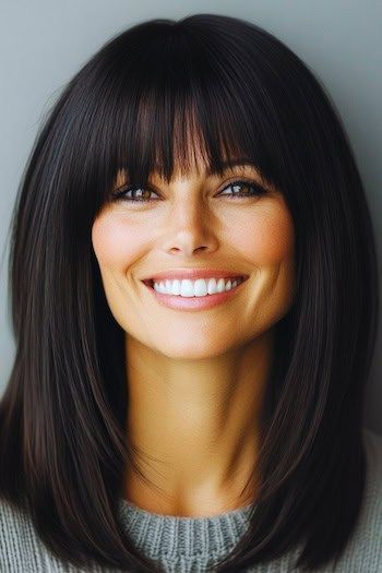 Lob With Bangs For Thick Hair Peinado en una mujer sonriente con el pelo castaño liso.