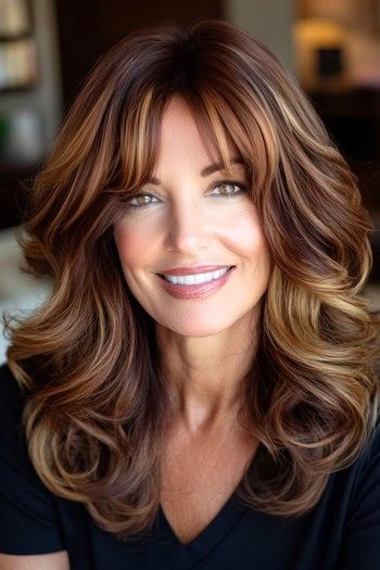 Tinte de pelo Castaño Caoba con Cintas Butterscotch en una mujer sonriente con el pelo castaño oscuro y reflejos balayage.