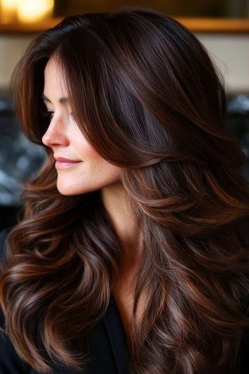 Tinte de pelo castaño chocolate oscuro con reflejos balayage toffee en una mujer con el pelo castaño oscuro y reflejos balayage, vista lateral.