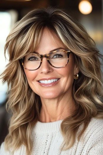 Peinado a capas con ondas choppy en una mujer sonriente de unos 50 años con pelo entrecano y mechas rubias y gafas.