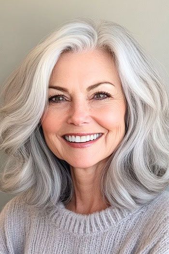 Peinado a capas hasta los hombros en una mujer sonriente de unos 70 años con el pelo gris.