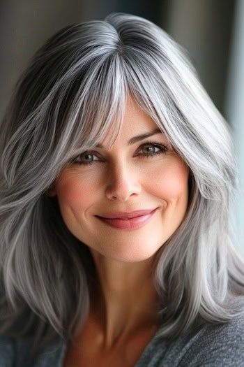 Suaves ondas en capas con flequillo barrido de lado peinado en una mujer sonriente con el pelo gris plata.