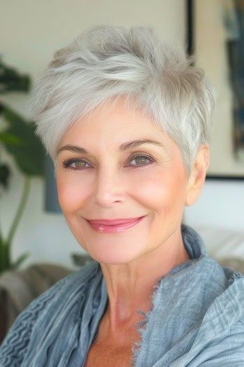 Peinado Pixie plateado despeinado en una mujer mayor sonriente con el pelo gris plateado.