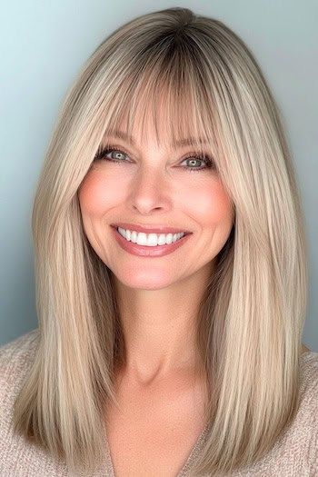 Lob rubia con flequillo Peinado en una mujer sonriente con el pelo rubio liso.
