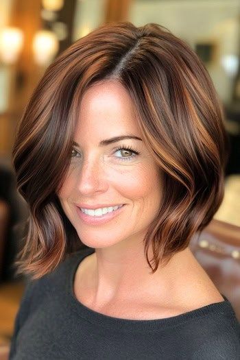 Tinte de pelo castaño chocolate intenso con toques caoba en una mujer sonriente con el pelo castaño oscuro y reflejos balayage.