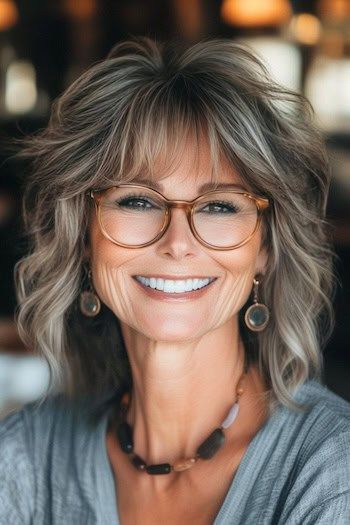 Peinado a capas desgreñado hasta los hombros en una mujer sonriente de unos 50 años con el pelo castaño grisáceo y gafas.