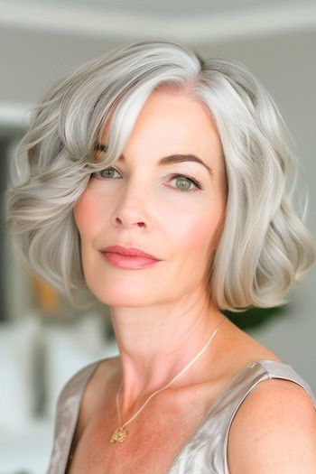 Peinado Wavy Silver Bob en una mujer mayor con el pelo plateado.