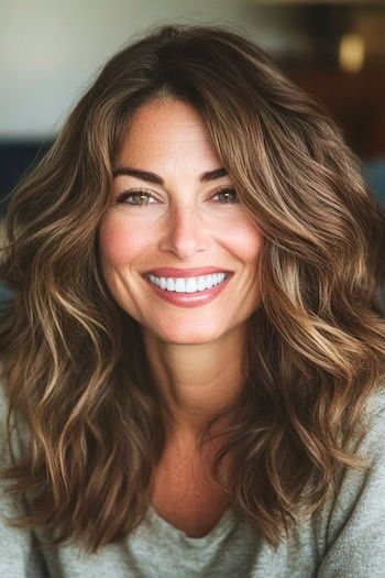 Castaño Oscuro con Castaño Castaño Balayage Color de pelo en una mujer sonriente con el pelo castaño oscuro y reflejos balayage en el pelo medio-largo camino.
