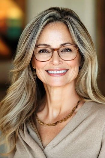 Peinado de ondas largas con raya al lado en una mujer sonriente de unos 50 años con pelo rubio castaño y gafas.