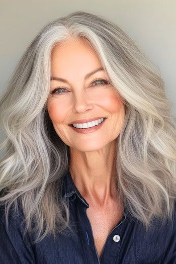 Peinado voluminoso a capas de longitud media en una mujer sonriente de unos 70 años con el pelo gris.