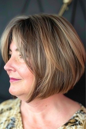 Peinado Bob con capas en ángulo para mujeres de más de 50 años con cara redonda.
