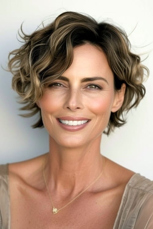 Grown out pixie peinado corto en sonriente mujer de más de 50 años.