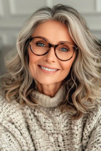 Peinado con ondas de longitud media para mujeres de más de 70 años con gafas.