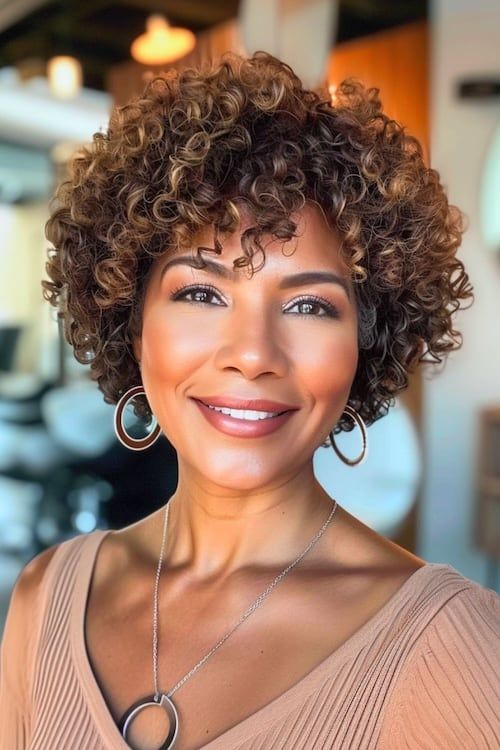 Rizos naturales cortos en hermosa sonriente mujer mayor negro en la peluquería.