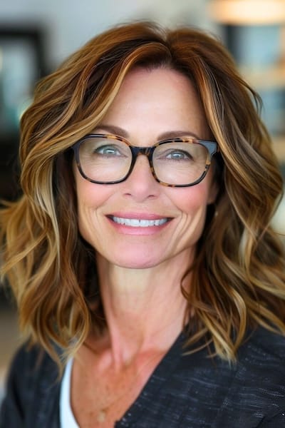 Peinado con ondas a la altura de los hombros para mujeres de más de 40 años con gafas.