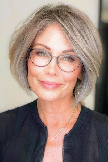 Peinado Bob corto con raya al lado para mujeres de más de 50 años con gafas.