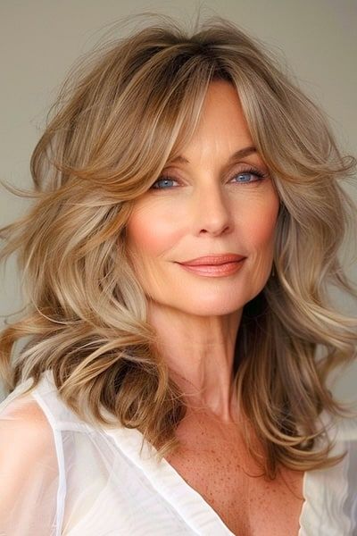 Ondas voluminosas con flequillo cortina Peinado para mujeres de más de 60 años con cabello fino.