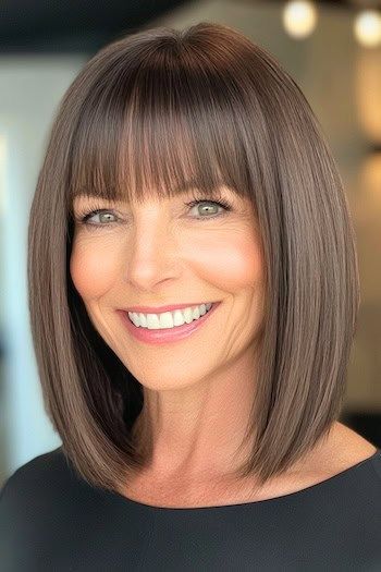 Morena Lob con flequillo Wispy Peinado en una mujer sonriente con el pelo castaño.