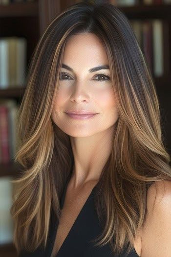 Puntas bañadas en miel sobre una base de color chocolate oscuro en una mujer sonriente con el pelo castaño oscuro y reflejos balayage en el pelo largo y liso.