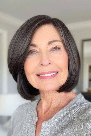 Peinado Bob con raya al lado en una mujer sonriente de unos 70 años con el pelo castaño.