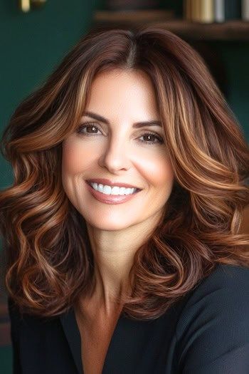 Cinnamon Spice Balayage on Warm Dark Brown Hair Tinte de pelo en una mujer sonriente con el pelo castaño oscuro y reflejos balayage en el pelo rizado de longitud media.