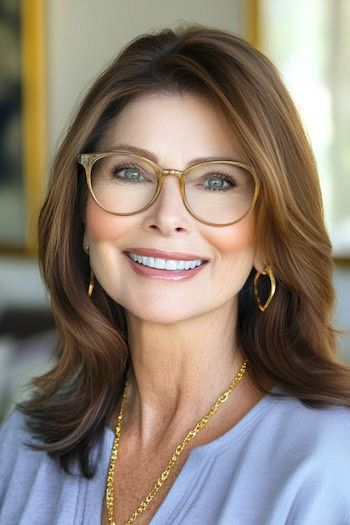 Peinado de corte medio-largo que enmarca la cara en una mujer sonriente de unos 50 años con pelo castaño y gafas.