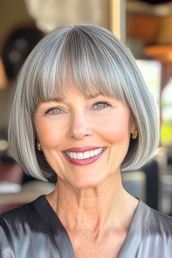 Bob corto con flequillo completo peinado en una mujer sonriente en sus 70s con el pelo gris.