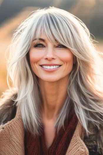 Tousled Silver Layers with Bangs Peinado en una mujer sonriente con el pelo gris barrido por el viento en un entorno al aire libre.