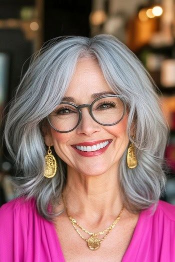 Peinado con capas plateadas de gran volumen en una mujer sonriente de unos 50 años con el pelo gris y gafas.