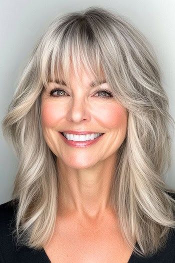 Plata Shaggy Capas con flequillo Peinado en una mujer sonriente con el pelo gris plata brillante.