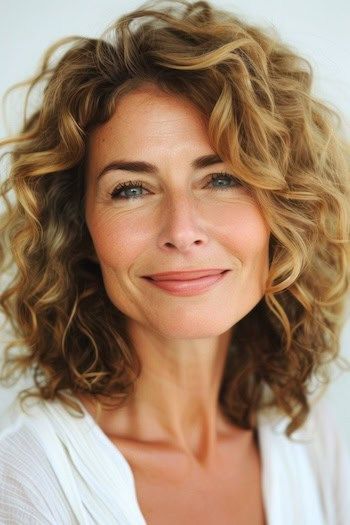 Peinado con rizos voluminosos hasta los hombros en una mujer sonriente de unos 50 años con el pelo castaño con mechas.