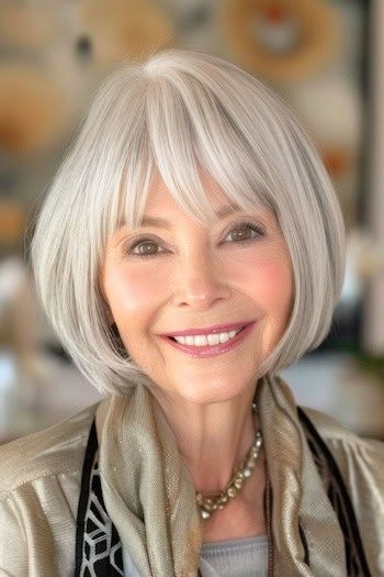 Bob plateado con flequillo Peinado en una mujer mayor sonriente con el pelo gris.