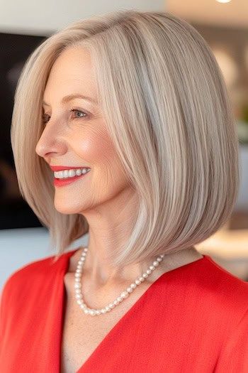 Peinado Lob recto (Bob largo) en una mujer sonriente de unos 60 años con el pelo gris, vista lateral.