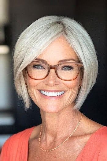 Peinado Tapered Bob en una mujer sonriente de unos 50 años con pelo rubio plateado y gafas.