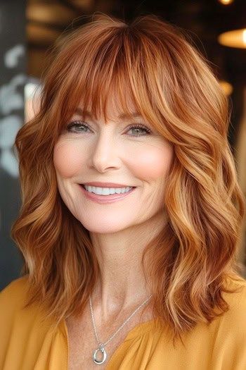 Peinado con ondas de longitud media y flequillo en una mujer sonriente de unos 60 años con el pelo rojo cobrizo.