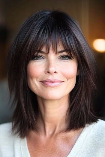 Razor Cut Lob con flequillo Peinado en una mujer sonriente con el pelo castaño oscuro.