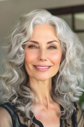 Rizos plateados en mujer sonriente de unos 60 años.