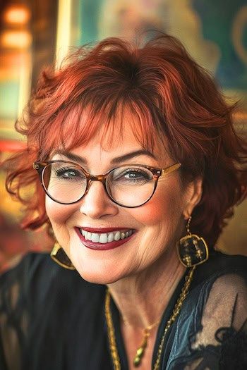 Peinado Pixie despeinado en una mujer sonriente de unos 50 años con pelo rojo cereza y gafas.