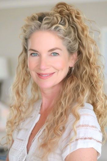 Half-Up Half-Down Long Curls Peinado en una mujer sonriente de unos 50 años con el pelo rubio.