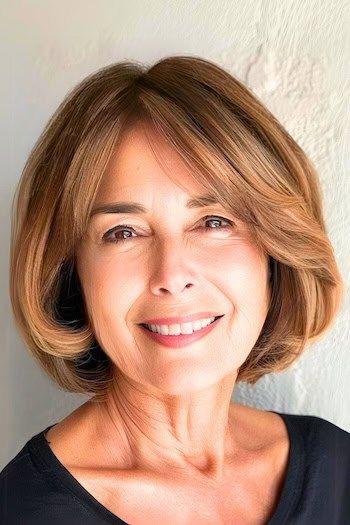 Bob redondeado con flequillo barrido de lado Peinado en una mujer mayor sonriente con el pelo castaño.