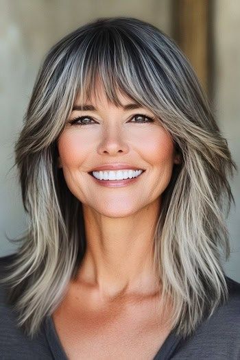 Shaggy capas de plumas con flequillo Wispy Peinado en una mujer sonriente con el pelo castaño y mechas rubio ceniza.