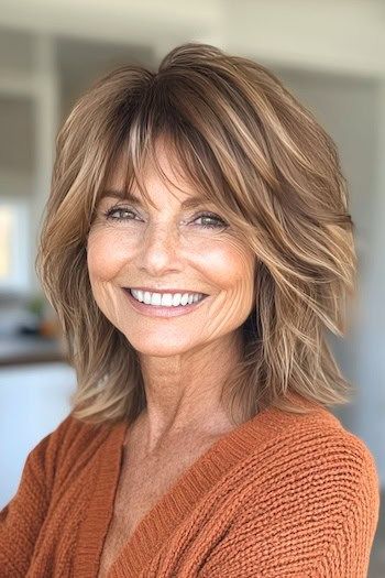 Peinado despeinado a capas en una mujer sonriente de unos 70 años con el pelo castaño con mechas.