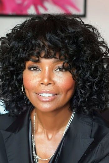 Peinado Curly Lob With Fringe en una mujer negra sonriente de unos 50 años con el pelo castaño oscuro.