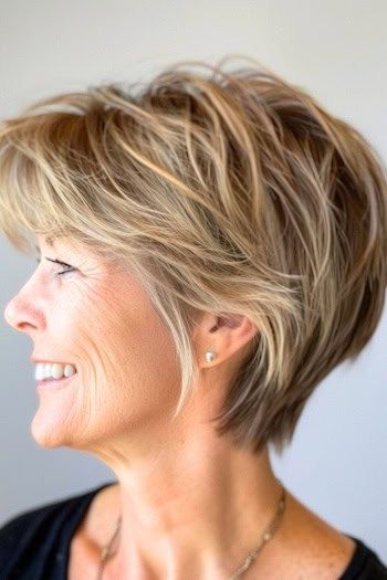 Peinado Pixie Bob con mechas en una mujer mayor sonriente con el pelo castaño y mechas rubias.