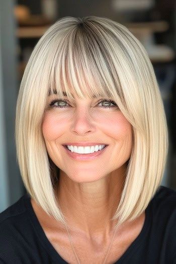 Long Blonde Bob con flequillo Peinado en una mujer sonriente con el pelo rubio claro brillante.