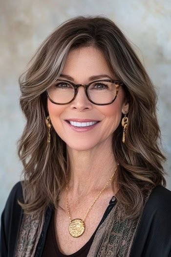 Peinado de ondas a capas con raya al lado en una mujer sonriente de unos 50 años con pelo castaño y gafas.