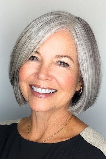 Peinado Bob plateado hasta la barbilla en una mujer sonriente de unos 70 años con el pelo gris.