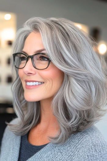 Peinado de capas voluminosas en una mujer sonriente de unos 50 años con el pelo gris y gafas, vista lateral.