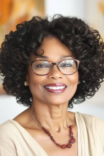 Peinado de rizos recortados en una mujer negra sonriente de unos 50 años con pelo castaño oscuro y gafas.